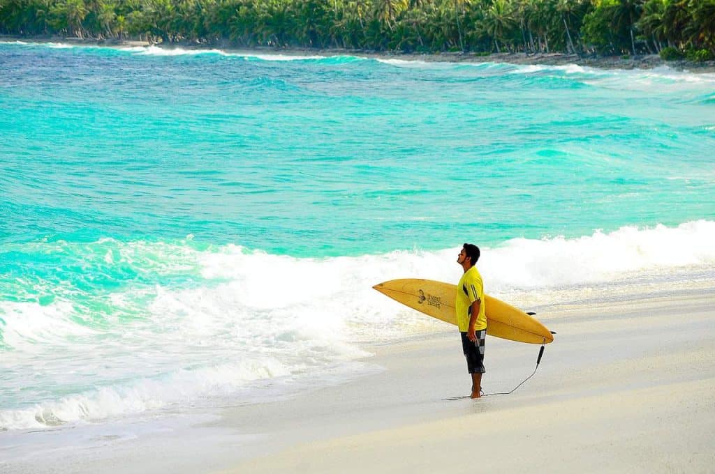 Surfing on pristine Atlantic beaches with a yellow surfboard and tropical palm trees in the background, ideal for vacation destinations and seaside adventures.