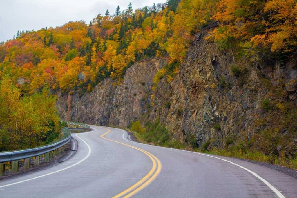 Scenic mountain road surrounded by vibrant fall foliage, winding through lush forest and rugged rock formations in a picturesque autumn landscape.