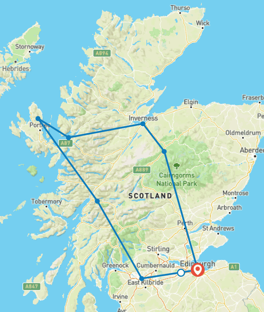 map of our 7-day Scottish highlands tour