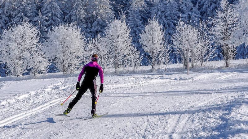 Things to do in North Carolina in winter - cross country skier skis on a trail towards snow covered trees.  Photo by Nicky Pe.