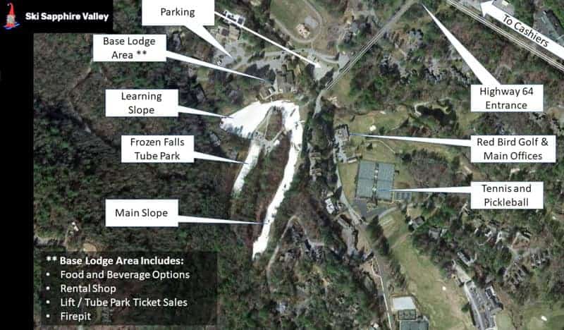 Things to do in North Carolina in winter - an aerial photo of the slopes and grounds of Sapphire Valley Ski