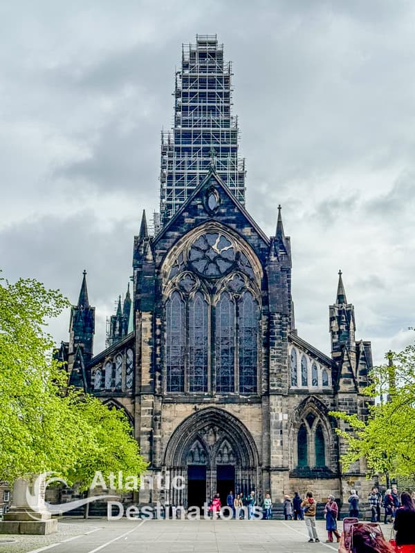 Glasgow cathedral as I first saw it on our tour with the spire covered with scaffold.